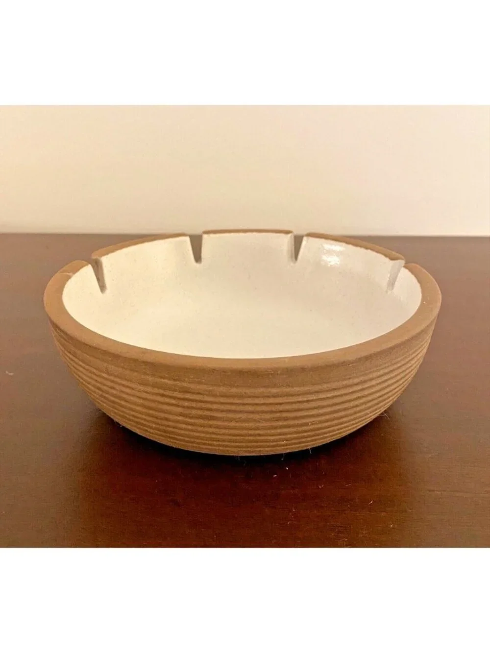Vtg MCM Heath Pottery Ashtray 4-Slot Beige Brown Design #125